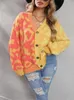 Cardigan tricoté pour femme, pull imprimé léopard, couleur Patchwork, surdimensionné, boutonné, col en v, jaune, rose, violet, décontracté