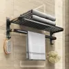 Matte Black No Drilling Towel Rack Movable Holder With Hook Wall Mount Shelf Aluminum Shower Hanger Rail Bathroom Accessories 240325