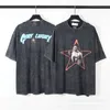 High Street Trendy Saint Washed and Distressed Graffiti Pentagram Print Camiseta unissex casual solta de manga curta