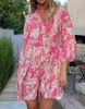 Casual Jurken Damesmode Boho Gedrukt Strand Losse Oversized Jurk Uitlopende Mouwen Geplooide Mini Grote Swing Party V-hals Vestidos