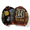 Broderi varsity jacka män kvinnor bokstav vinter amerikansk basebolljacka hip hop ullrock tjock varm outwear parkas brun 240228