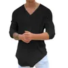 Camiseta masculina casual de algodão sólido, camiseta com design de punho especial, gola em v, manga comprida, blusa solta da moda