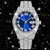Iced Out Zirconia Cubic Watches Blue Face Hop Hop Fashion عالية الجودة AAA Diamond Bracelet Stainless Steel Courtz Watch for Men3097