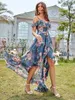 Casual Dresses Dubai African For Women Off Shoulder Front Short Sleeve Long Elegant Floral Chiffon Muslim Dress