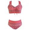 Costume da bagno da donna con tracolla regolabile, bikini stampato retrò con reggiseno con scollo a V, costume da bagno da spiaggia a vita alta con fiocco