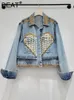 DEAT femmes Denim manteau coeur perles perles or Rivets lâche bleu clair manches longues vestes 2024 printemps mode 29L2503 240304