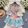 Casual Dresses New Summer Holiday Beach Short Dress Women's Stand Long Lantern Sleeve Floral Print Sashes Lace Up Chiffon Loose Vestidos 2024