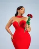 2024 Aso Ebi Red Mermaid Prom Dress Cristais Cetim Sheer Neck Noite Festa Formal Segunda Recepção 50º Aniversário Vestidos de Noivado Vestidos Robe De Soiree ZJ146