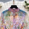 Casual Dresses New Summer Holiday Beach Short Dress Women's Stand Long Lantern Sleeve Floral Print Sashes Lace Up Chiffon Loose Vestidos 2024