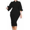 Party Dresses Women Clergy Full Collar Puff 3/4 Sleeve Bodycon Length Pencil Midi Dress