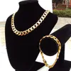 Heavy Stamp 24k Yellow Real Solid Gold GF Men's Bracelet necklace Cuban Chain Set Birthday 12MM wider jewelry SETS SHIPP256k