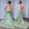 Pale Mint Green Prom Dress Covered Golden Lace Sexy Off Shoulder Sleeveless Zipper Party Gowns Charming Plus Size Mermaid Long Pro288p
