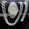 Chains 3PCS Iced Out Watches For Men Gold Watch 15mm Cuban Link Bracelet Necklaces Diamond Hip Hop Jewelry Man Clock320s
