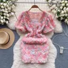 Urban Sexy Dresses Fashion Colorful Flowers 3D Mesh Mini Dress Women Puff Sleeve V-Neck Bodycon Holiday Sweet Party Wrap Hip Short Vestidos 2024