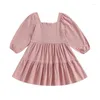 Girl Dresses Kid Baby Spring Cotton Dress Solid Long Sleeve Square Neck Zip-Up Ruched A-line Mid Party Casual Clothes