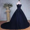 Marineblaues Ballkleid, lange, bunte Brautkleider, herzförmige Perlen, Spitzenapplikationen, Korsett, nicht weiße Brautkleider, nicht traditionell273c