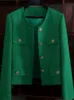 CJFHJE Classic Green Cropped Tweed Jackets Spring Fall Elegant Slim Coat Luxury Streetwear Chaqueta Oversize 3XL Fashion Outwear 240307