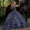 Azul marinho fora do ombro 3d flores vestido de baile quinceanera vestidos babados lantejoulas apliques rendas espartilho vestidos de 15 anos