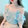 Women's Blouses Short-Sleeved Off-Shoulder Shirt For Women 2024 Summer Sling Chiffon Top Super Fairy Sweet Butterfly Vacation Blusas