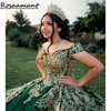 Emerald Green Off the Shoulder Pearls Beading Ball Gown Quinceanera Dresses Sequined Applicies Lace Corset Vestidos de 15 Anos