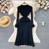 Women Casual Dresses Fashion Designer Women's Knitted Patchwork Pleated Dress Autumn Knitting Long Ostrich hair Sleeve O Neck Belt Midi Dress 2024