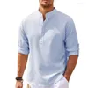 Magliette da uomo in cotone e lino a maniche lunghe Primavera Autunno Tinta unita Colletto alla coreana Casual Stile spiaggia Taglie forti S-4XL