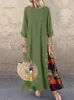 Kvinnor Vintage Print Patchwork Maxi Dress Boho 34 ärm överdimensionerad lång klänning Casual Harajuku O Neck Loose Dress Elegant Robe 240307