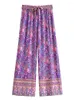 Pantaloni da donna Vintage Autunno Donna Viola Stampa floreale Bohemian Gamba larga Lady Gotico Elastico in vita Pantaloni casual Boho larghi