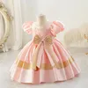 Summer Kids Girl Party Dress Oneck Little Piano Performance Big Bow Short Sleeves Satin Finish Princess Dresses H103 240223