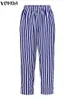 Plus storlek 5xl Vonda Bohemian Women Pant Set 2023 Autumn Striped Casual Long Sleeve Printed Vintage Tops and Wide Ben Pants 240307