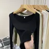 Camisetas para mujer Camisa de manga larga con cuello en U para mujer Tops recortados sexys acanalados Otoño Negro Casual Flaco Mujer básica delgada