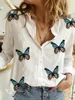 Women's Blouses Vintage Blouse Woman Linen Casual Tops Butterfly Print Women Fashion Oversized Button Up Streetwear Shirts For Blusas