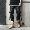 Schwarze Herren-Hip-Hop-Streetwear-Bänder mit Buchstaben-Aufdruck, funktionelle Overalls, lockere, gerade Fracht, feste Freizeithose 240305