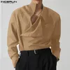 INCERUN Top stile coreano uomo abbottonatura diagonale solido semplice camicetta Allmatch moda casual camicie a maniche lunghe S5XL 240307