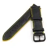 Watch Bands CARLYWET 18 20 22mm Black Real Leather Handmade Yellow Stitches Replacemet Band Strap With Silver Color Polished Buckle