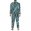 Vêtements de nuit pour hommes Zebra Stripe Turquoise Sarcelle Pyjama Set Spring Animal Print Chambre à coucher à la mode Hommes Deux pièces Vintage Oversize Nightwear