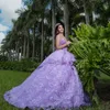 Лавандовое милое бальное платье Quinceanera платье с аппликациями из бисера платья для дня рождения 3D цветы с оборками сладкий 16 15 Robe De Ball