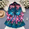 Casual Dresses New Summer Holiday Beach Short Dress Women's Stand Long Lantern Sleeve Floral Print Sashes Lace Up Chiffon Loose Vestidos 2024