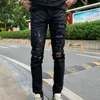 Jeans pour hommes Trou patch impression Distressed Top qualité Jeans Moto motard jean Rock Skinny Slim Ripped Knee zipper Pantalon en denim