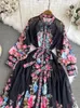 Casual Dresses Spring Summer Vacation Chiffon Maxi Dress Women's Stand Lantern Sleeve Flower Print Lace Up Belt Long Loose Robe Vestidos 2024