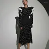 カジュアルドレスcinessd 2024女性のフレンチスタイルのデザイン長袖ドレス取り外し可能なウエストシールフローラル