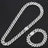 Chains 15mm Miami Prong Cuban Chain Link Silver Color Necklaces 2 Row Full Iced Out Rhinestones Bracelet Set For Mens Hip Hop253b