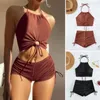 Halter Sütyen Yüksek Bel Drawstring Sandıkları ile Kadın Mayo Baskısı Şık Yaz Bikini Seti