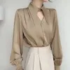Женские блузки, модная шикарная блузка с отложным воротником и длинными рукавами, женская одежда, весна 2024, корейские однотонные элегантные рубашки на пуговицах OL