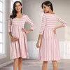 Women Summer Casual Striped Maternity Dresses Clothes Short Sleeve Knee Length Pregnancy Dress Session Pleated Baby Shower Pink 240228