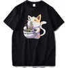 Camiseta feminina Ramen Cat Kawaii com gola redonda e manga curta estampada