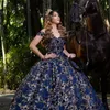 Azul Marino fuera del hombro vestido De baile De flores 3D Vestidos De quinceañera volantes apliques De lentejuelas corsé De encaje Vestidos De 15 anos