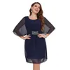 Robe en mousseline de soie pour femmes, grande taille, élégante, couleur unie, col rond, demi-manches, diamants, fermeture éclair, longueur aux genoux, fête pour dames, 240229