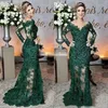 Los más nuevos vestidos de madre de la novia de color verde oscuro, apliques de encaje con cuello de joya transparente, vestido de fiesta de noche formal de sirena de manga larga 2578