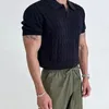 Mens Knitted Jacquard Polo Shirt Casual Stripe VNeck Solid Color Short Sleeve TShirt Breathable Light Luxury Clothing 240301